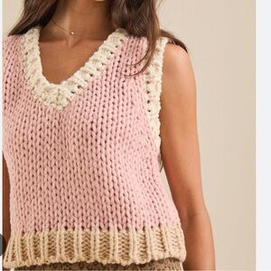Chunky Knit V-Neck Sweater Vest - Pink and Cream